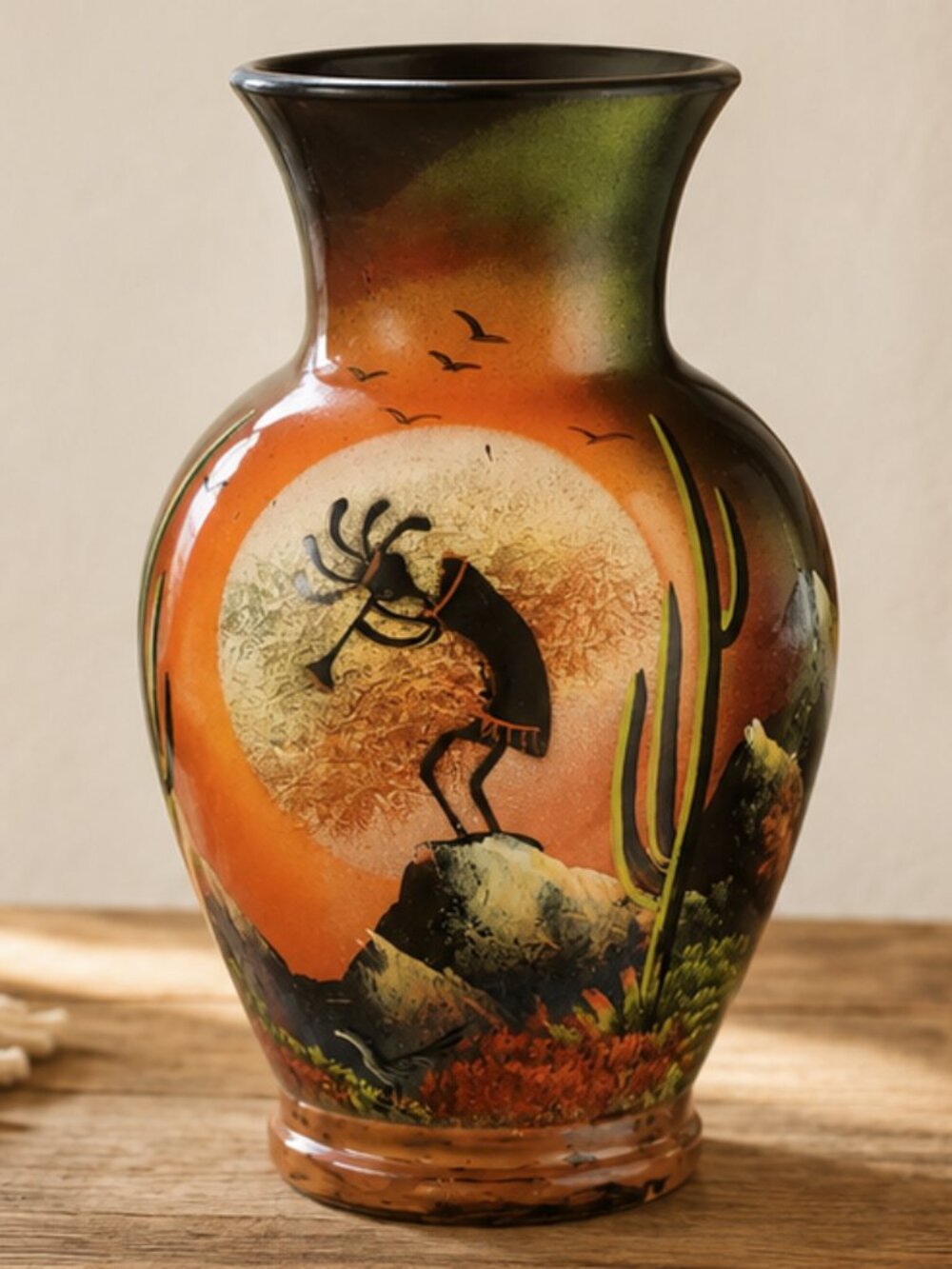 Kokopelli Flute Dancer Vase | Hand Painted Indiana Glass Southwest Desert 10.75"